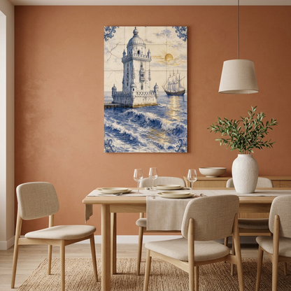 Belem Tower Portuguese azulejo-style canvas with ocean waves and sailing ship on a terracotta wall in a dining room - Portugal Canvas Co