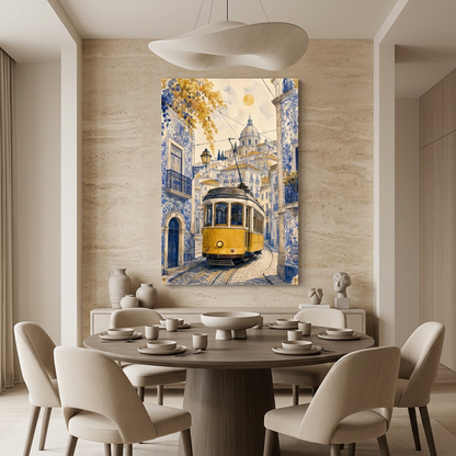 Yellow Lisbon tram canvas with golden foliage in an elegant neutral dining room - Portugal Canvas Co