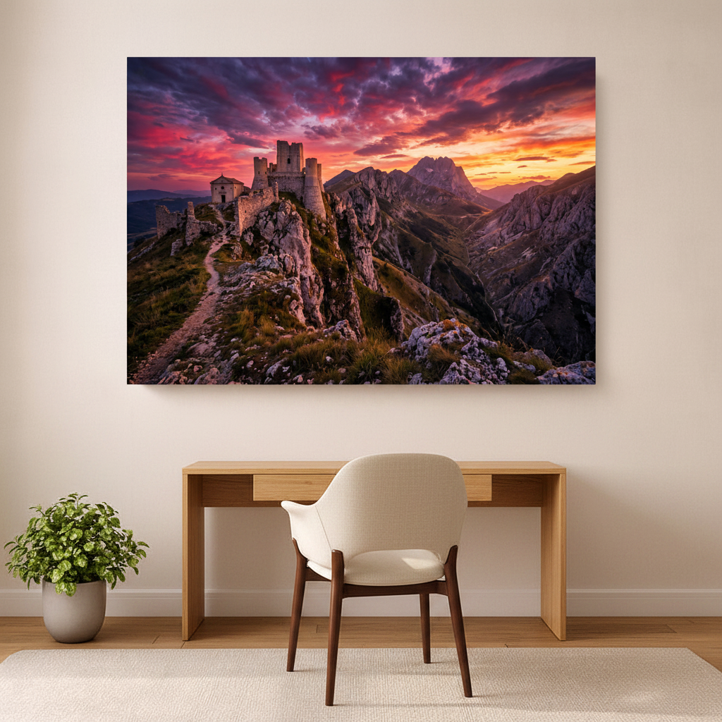 Mediterranean mountain castle sunset canvas wall art displayed in home study interior - Portugal Canvas Co