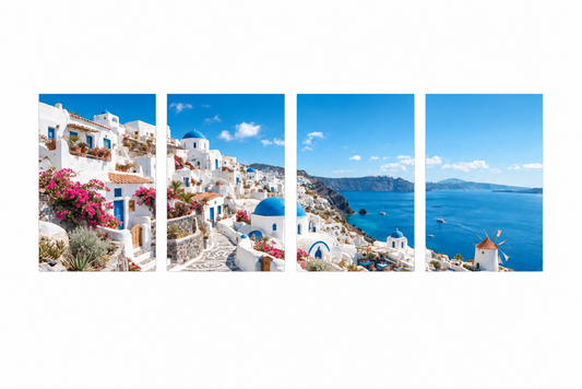 Santorini in Bloom four portrait canvas panels flat on pure white, showing white buildings, pink flowers and blue sea - Portugal Canvas Co