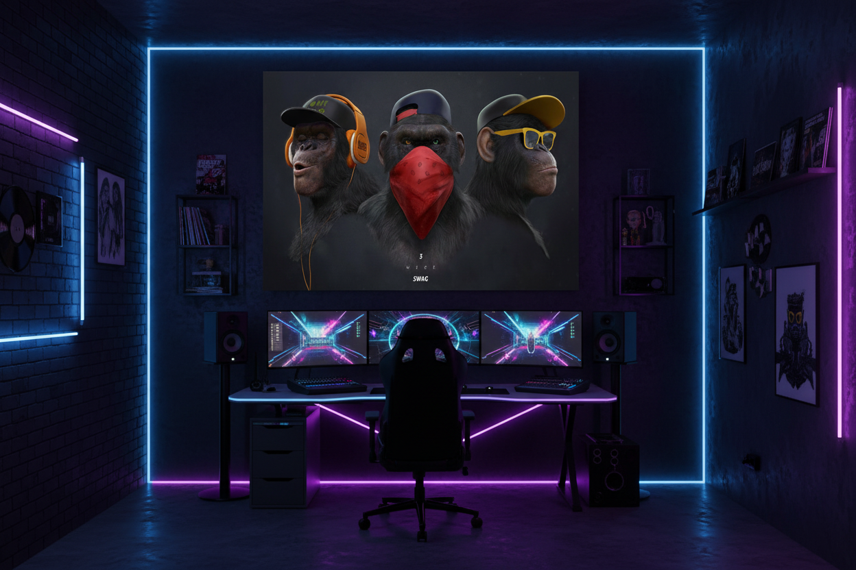 3 Wise Swag monkey canvas wall art displayed on the wall of a cool music studio with neon accent lighting and gaming setup - Portugal Canvas Co