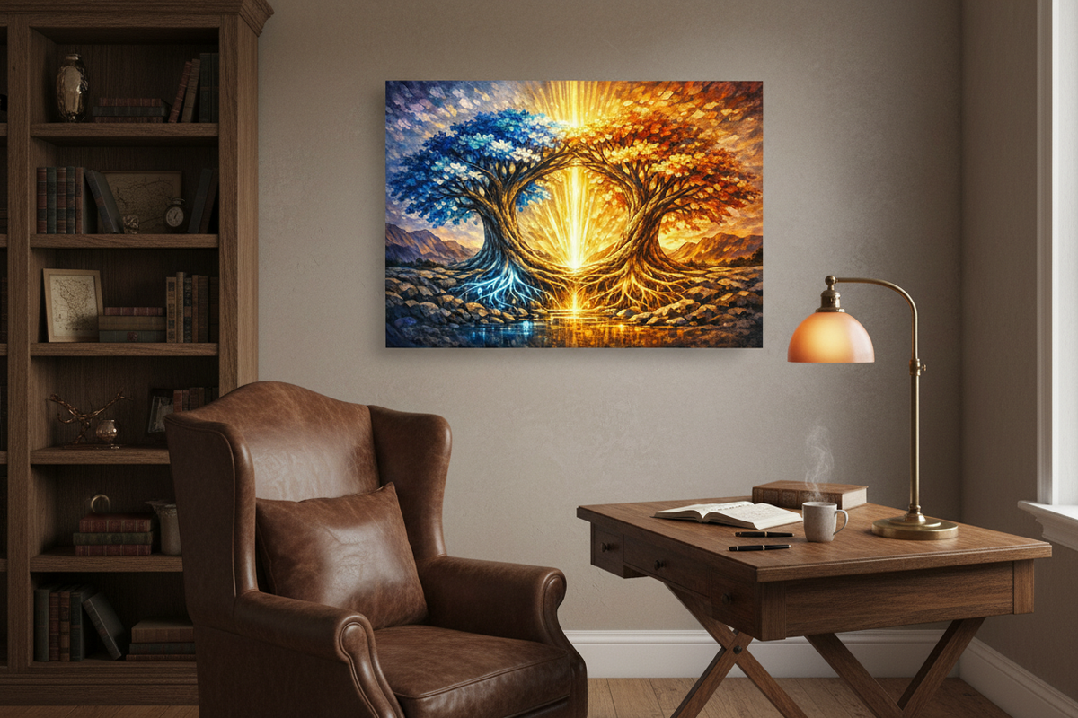 Dual tree of light abstract canvas wall art in rustic home office with dark wooden bookshelves, leather chair and warm desk lamp - Portugal Canvas Co
