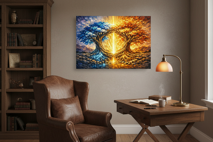 Dual tree of light abstract canvas wall art in rustic home office with dark wooden bookshelves, leather chair and warm desk lamp - Portugal Canvas Co