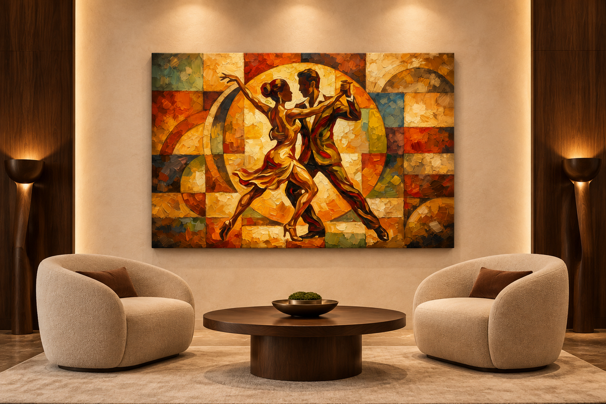 Geometric dancing couple canvas displayed in a luxury boutique hotel lounge - Portugal Canvas Co