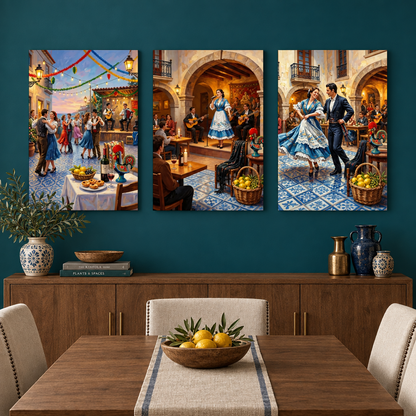 Three-piece Portuguese celebration canvas art above a teal home dining room sideboard - Portugal Canvas Co