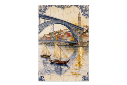 Portrait Porto bridge and sailboats artwork with blue azulejo-style corners centered on a landscape 3:2 white background - Portugal Canvas Co