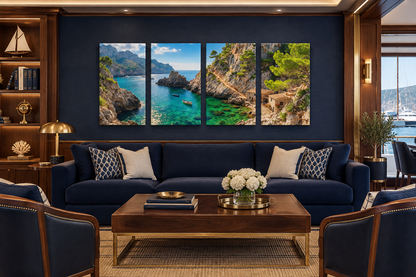 Four-panel turquoise Mediterranean cove canvas in a navy and walnut yacht club lounge - Portugal Canvas Co