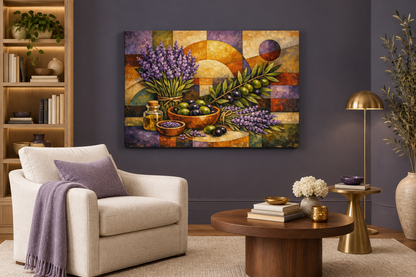 Lavender and olives mosaic still life gallery-wrapped canvas in lavender grey lounge - Portugal Canvas Co
