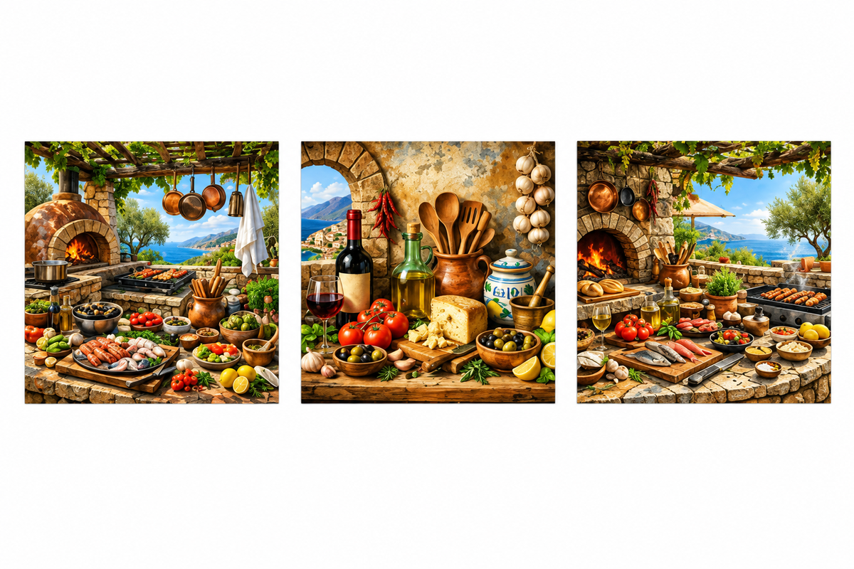 Mediterranean cooking three-square-panel canvas artwork displayed flat on pure white in a landscape 3:2 image - Portugal Canvas Co