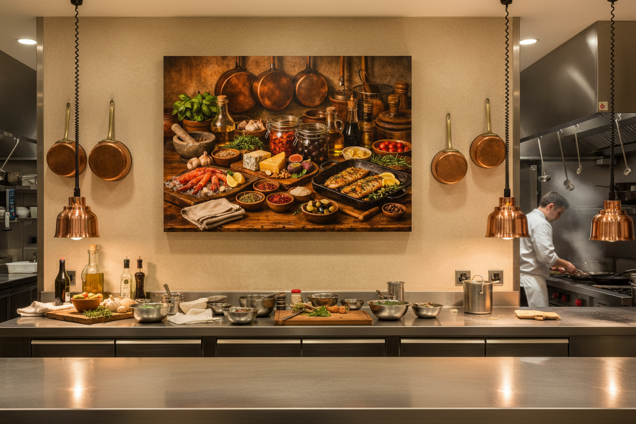 Mediterranean seafood and fish still life canvas wall art on wall of open working restaurant kitchen with chef, copper pots and warm kitchen lighting - Portugal Canvas Co