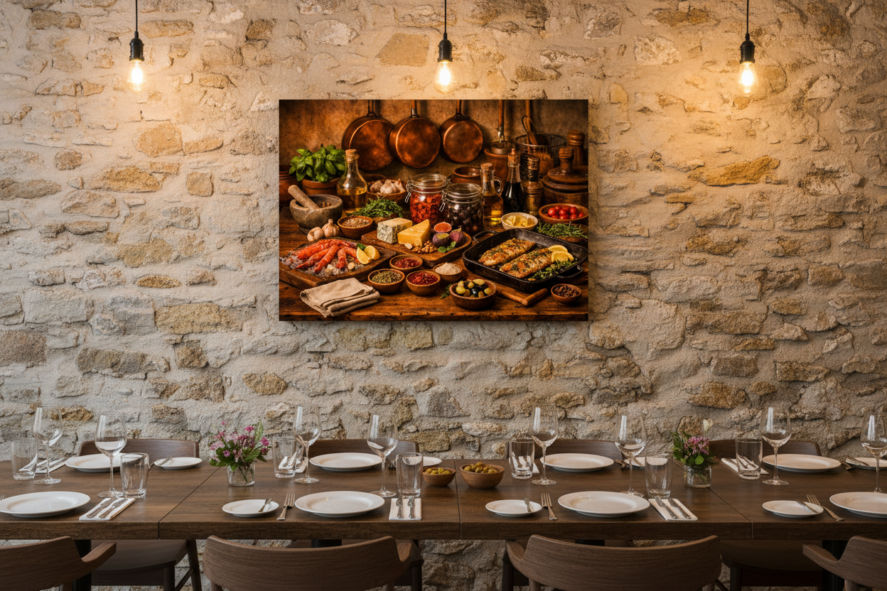 Mediterranean seafood and fish still life canvas wall art on exposed stone wall in upscale restaurant with warm Edison bulb lighting - Portugal Canvas Co