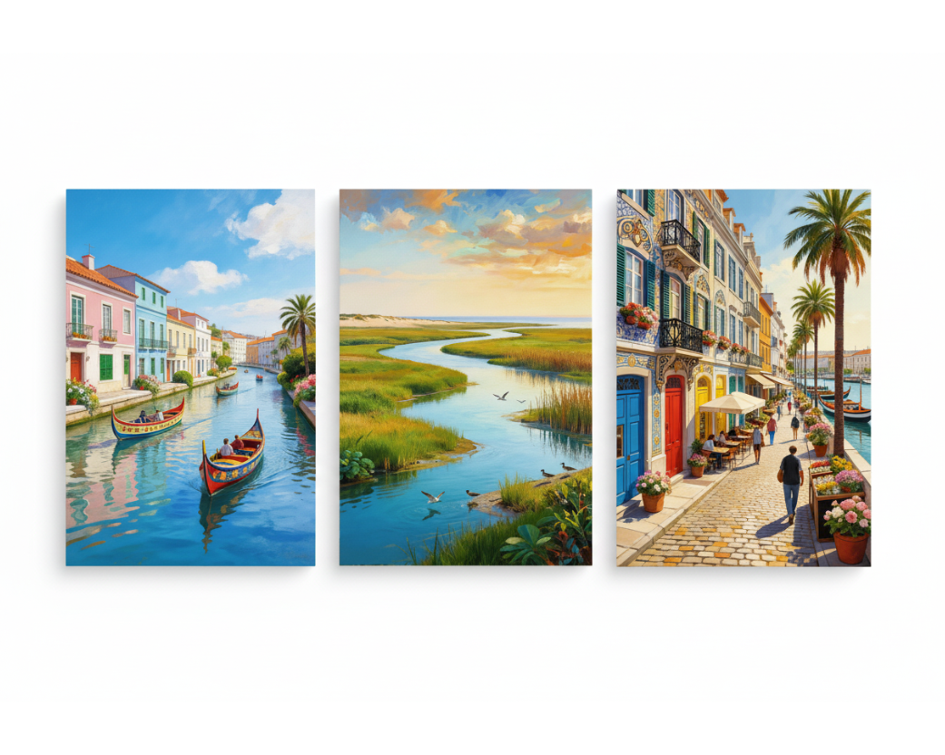 Aveiro canal moliceiro boats triptych canvas wall art set flat lay on white background - Portugal Canvas Co