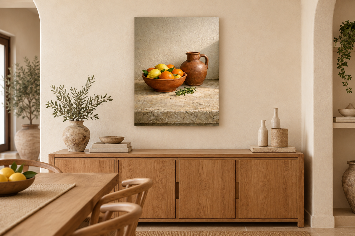 Citrus bowl and terracotta jug still life canvas displayed in a cream Mediterranean dining room - Portugal Canvas Co