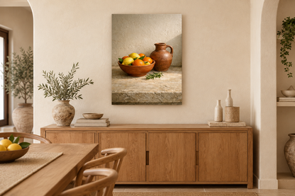 Citrus bowl and terracotta jug still life canvas displayed in a cream Mediterranean dining room - Portugal Canvas Co