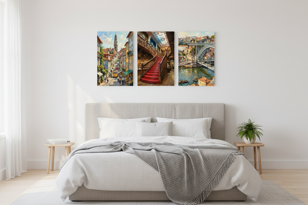 Porto triptych canvas wall art set with Dom Luís Bridge, tram street and Lello bookstore displayed above a linen bed headboard in a bright Scandinavian bedroom - Portugal Canvas Co