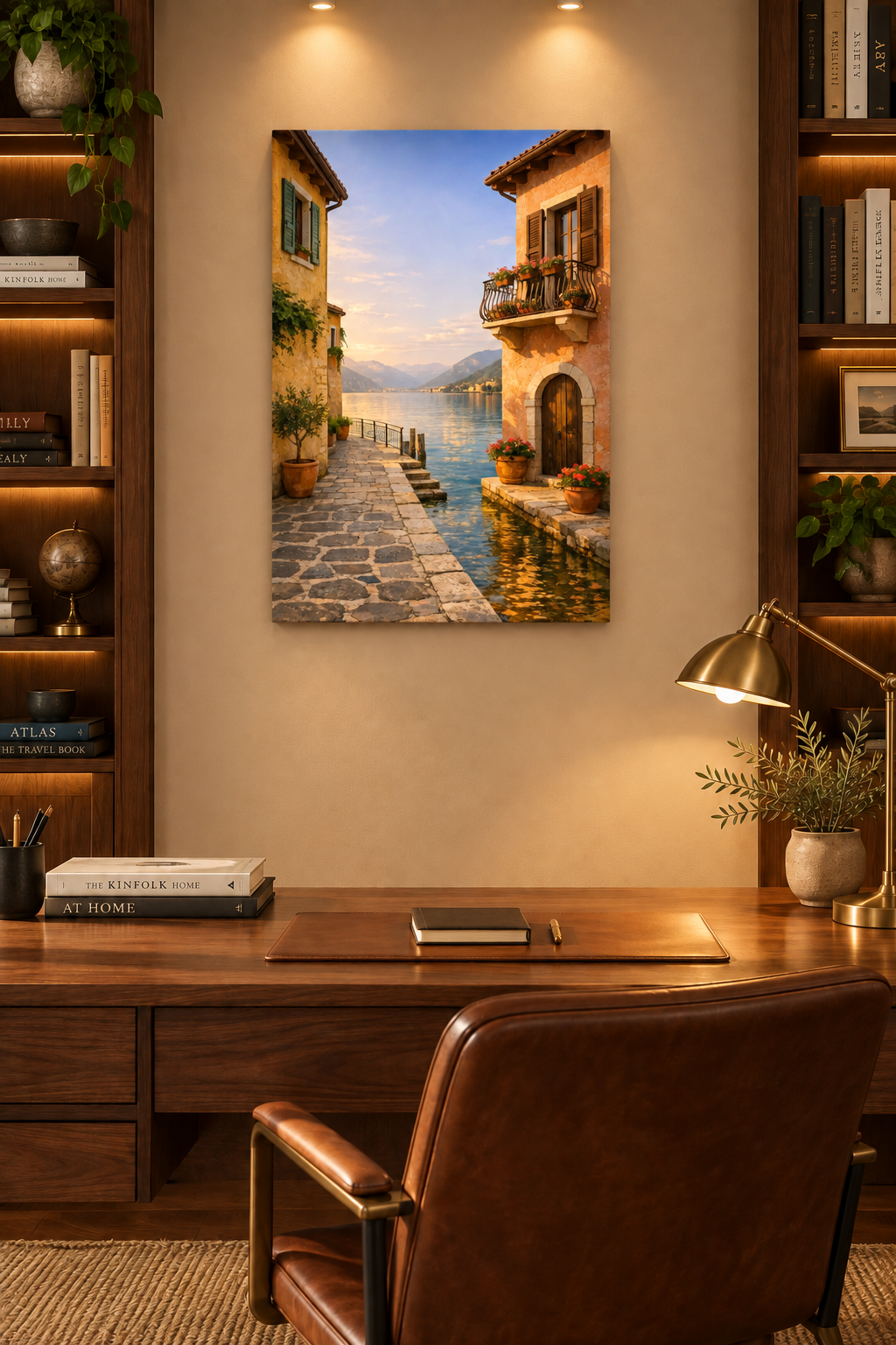 Vertical lakeside village canvas above a walnut desk in a lamp-lit study - Portugal Canvas Co