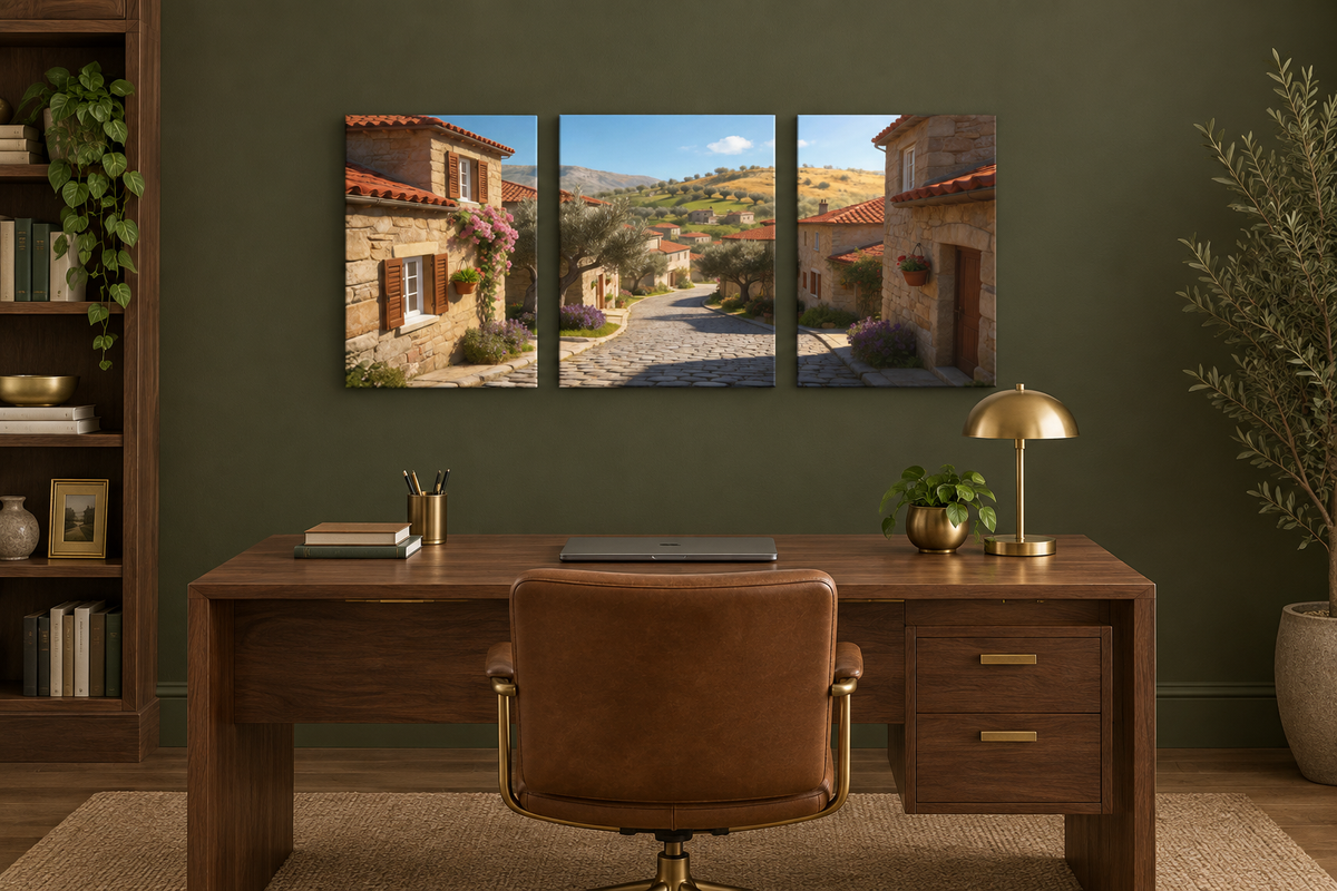 Sunlit stone village three-panel gallery-wrapped canvas above walnut desk in olive home office - Portugal Canvas Co