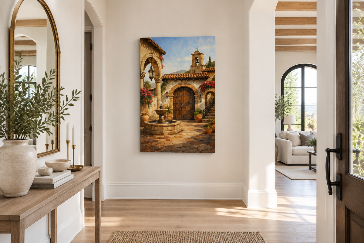 Mediterranean stone courtyard canvas wall art on the wall of a bright luxury home entryway - Portugal Canvas Co