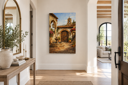 Mediterranean stone courtyard canvas wall art on the wall of a bright luxury home entryway - Portugal Canvas Co