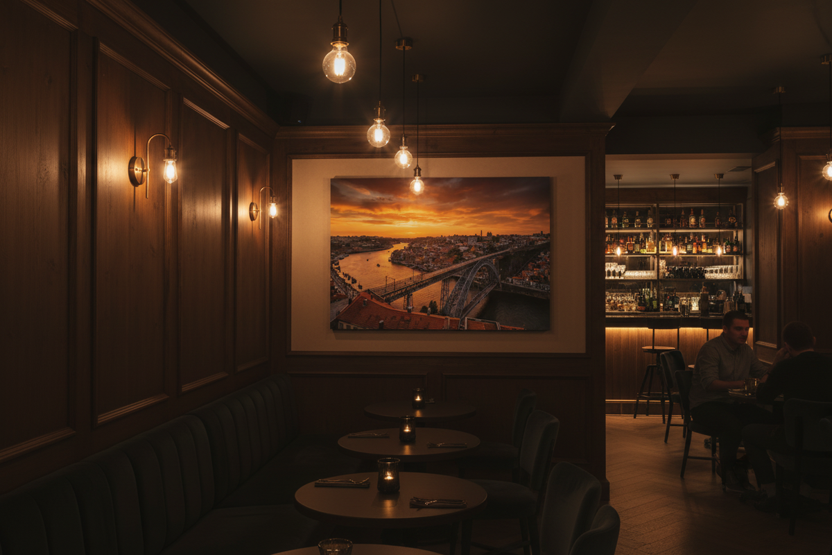 Porto cityscape Dom Luis I bridge sunset canvas wall art displayed in an upscale restaurant - Portugal Canvas Co