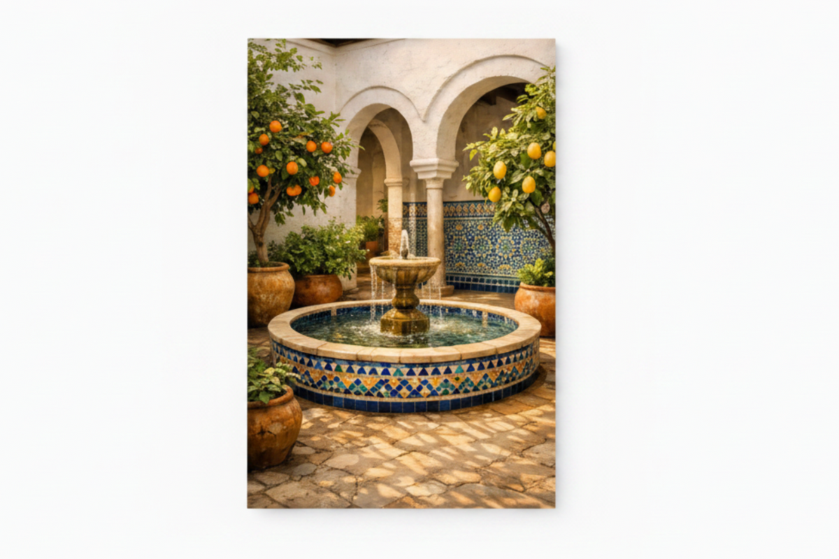 Andalusian courtyard fountain canvas wall art flat lay on white background portrait canvas centred in landscape frame - Portugal Canvas Co