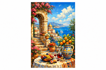 Mediterranean terrace dining scene portrait canvas flat on pure white in a landscape 3:2 product image - Portugal Canvas Co