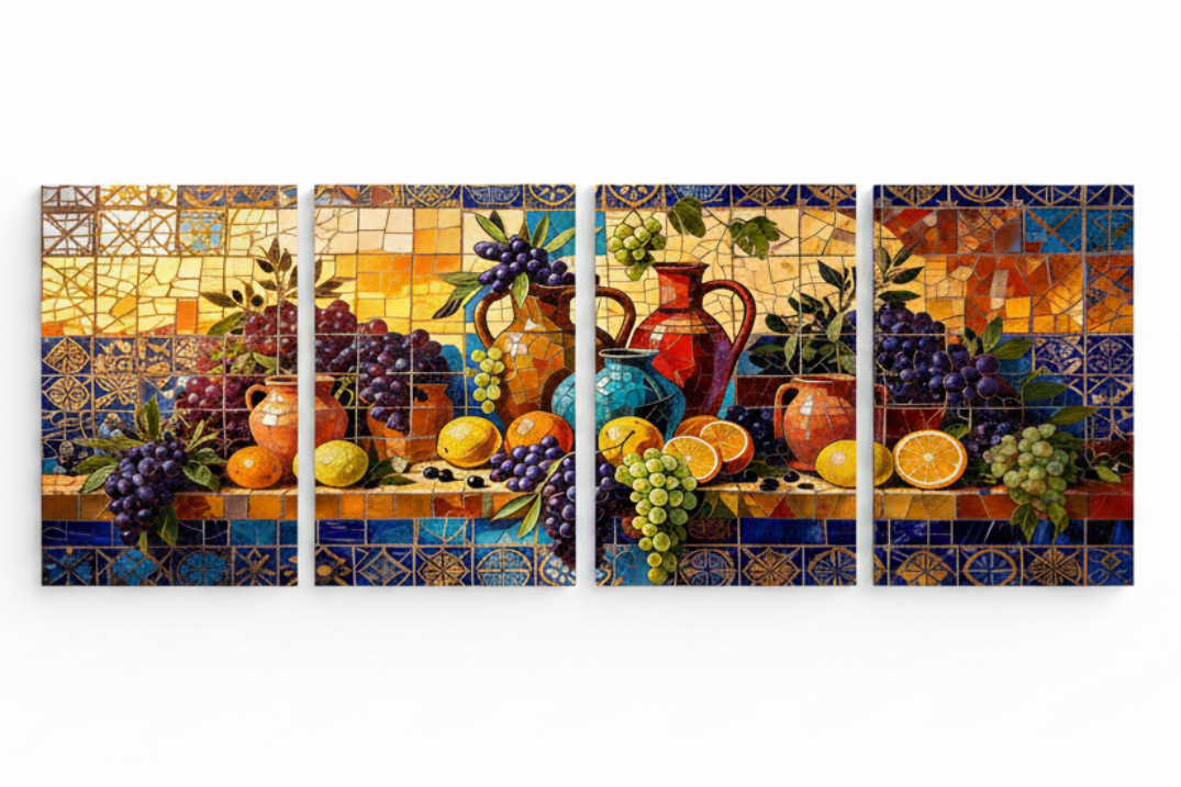 Mediterranean Mosaic Harvest Four-Panel Canvas Wall Art Set flat lay on white background - Portugal Canvas Co