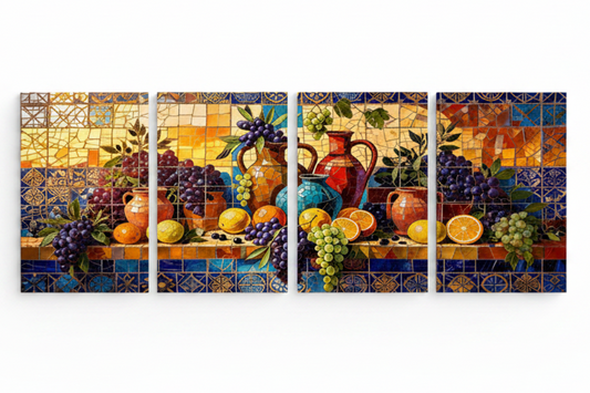 Mediterranean Mosaic Harvest Four-Panel Canvas Wall Art Set flat lay on white background - Portugal Canvas Co