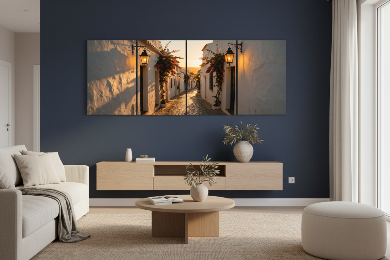 Four-panel Albufeira Old Town canvas wall art in a refined Mediterranean living room - Portugal Canvas Co