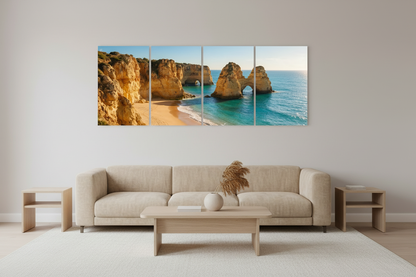 Four-panel Albufeira beach canvas wall art in a light guesthouse lounge with even indoor lighting - Portugal Canvas Co