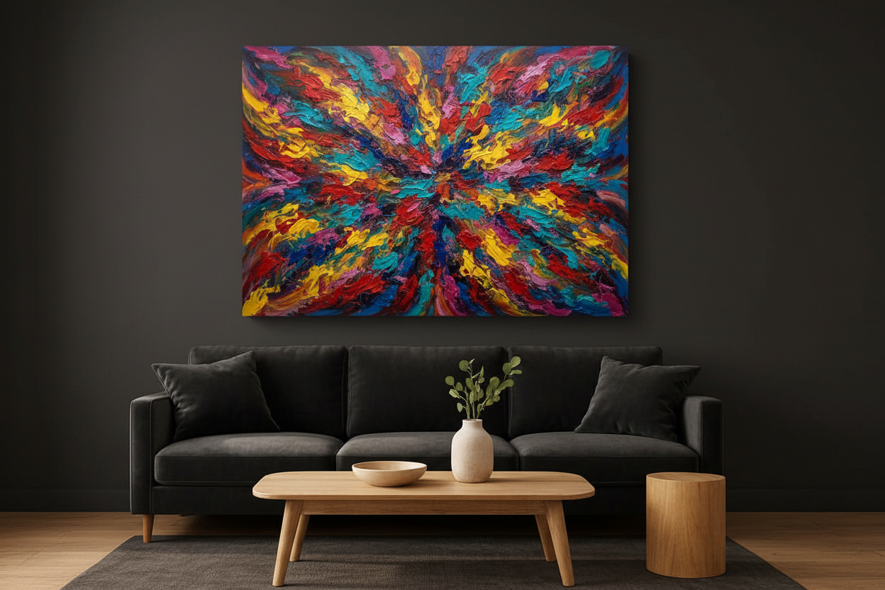 Rainbow energy burst abstract canvas wall art displayed on charcoal black wall above dark velvet sofa in dramatic moody contemporary living room - Portugal Canvas Co