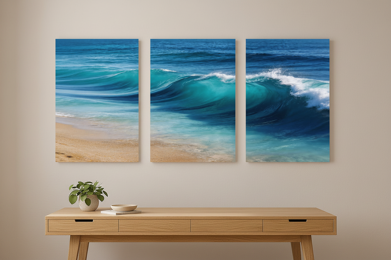 Portuguese ocean breaking wave turquoise blue sea triptych canvas set displayed above a wooden desk in a warm minimalist home study - Portugal Canvas Co