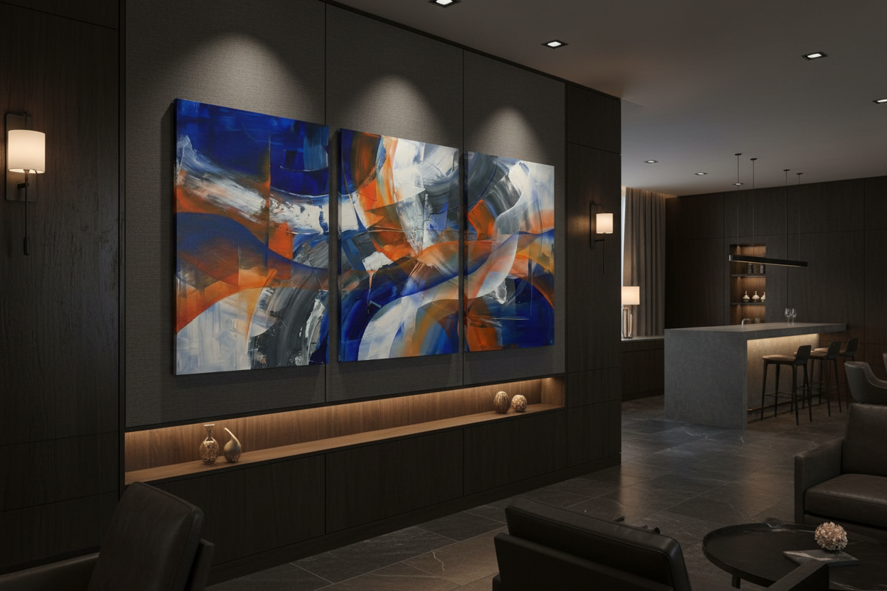 Blue and orange abstract brushstroke triptych canvas print displayed in a luxury hotel executive lounge - Portugal Canvas Co