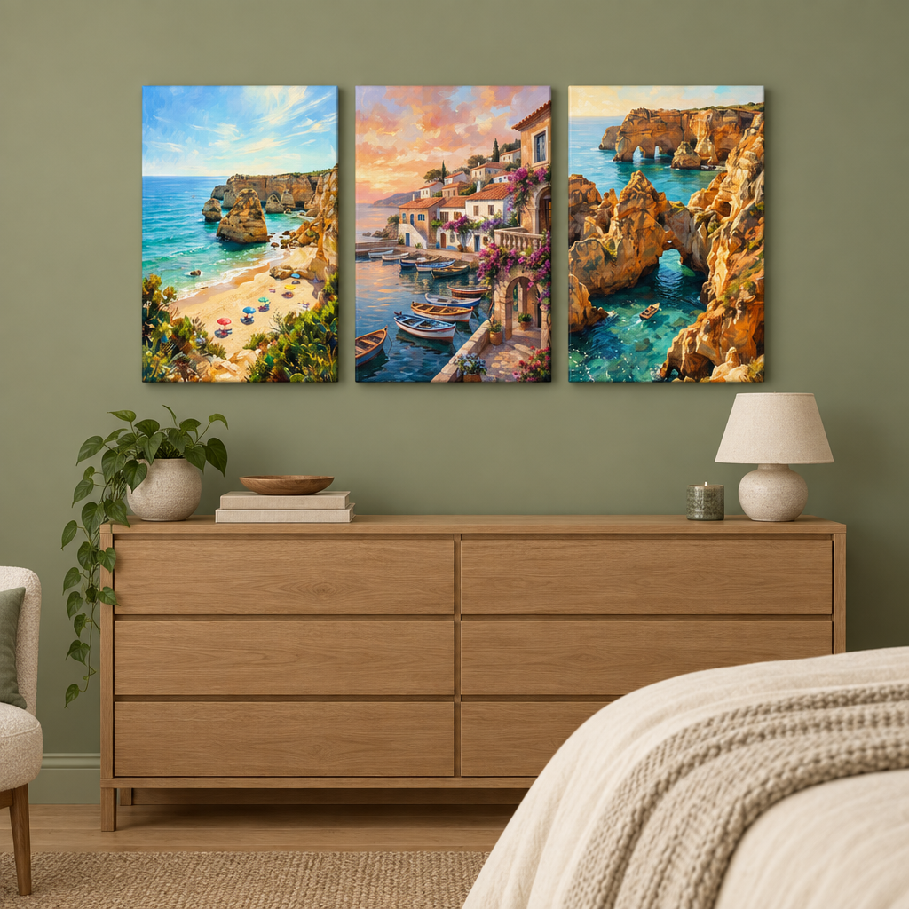 Algarve three-panel canvas set showing a beach, waterfront village and sea arches above a dresser in a sage green bedroom - Portugal Canvas Co
