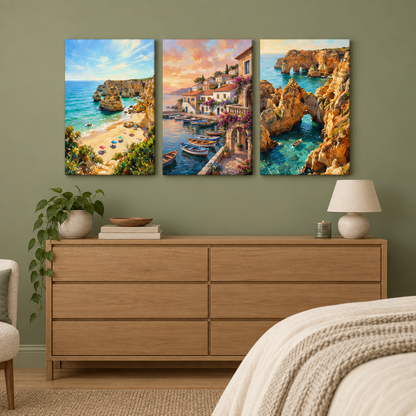 Algarve three-panel canvas set showing a beach, waterfront village and sea arches above a dresser in a sage green bedroom - Portugal Canvas Co