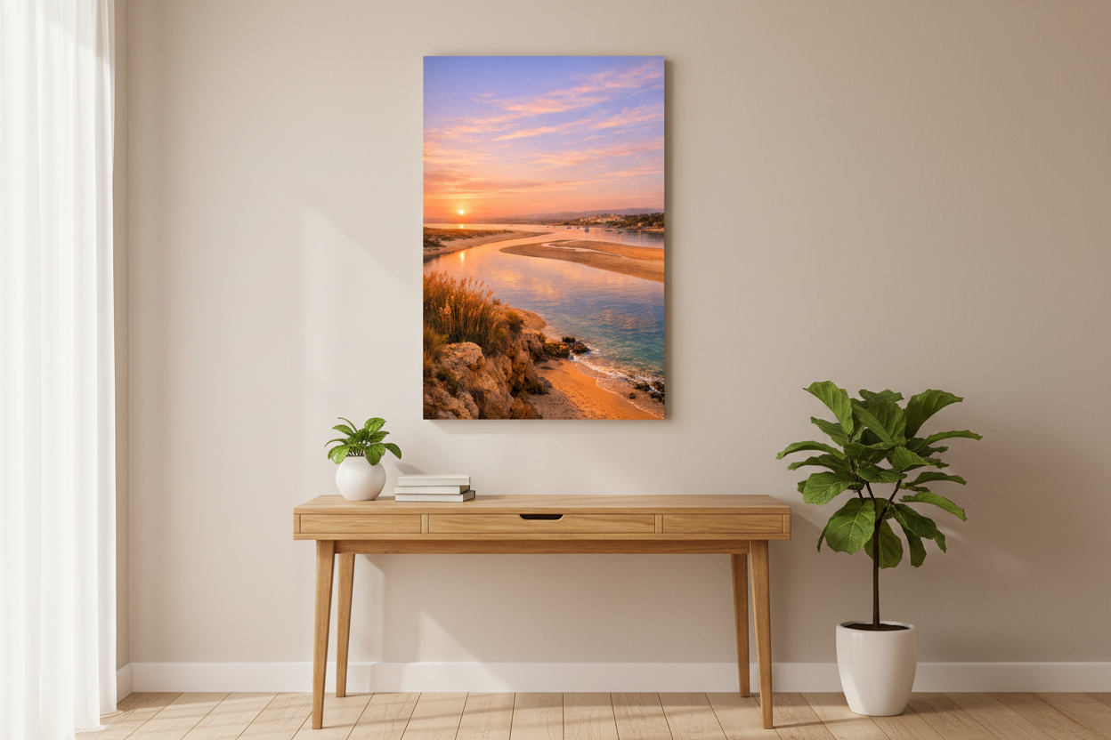 Alvor estuary golden hour sunset Algarve coastal canvas wall art displayed above a wooden desk in a warm minimalist home study - Portugal Canvas Co