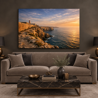 Sagres Fortress sunset canvas above a taupe sofa in a charcoal room with a black marble table - Portugal Canvas Co