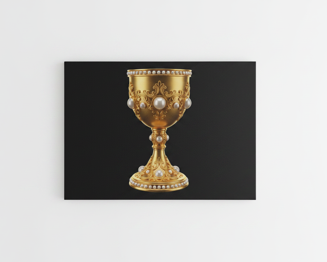 Golden Holy Grail chalice canvas wall art print with pearl embellishments on black background flat lay on white background - Portugal Canvas Co