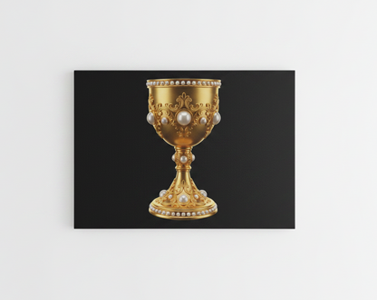 Golden Holy Grail chalice canvas wall art print with pearl embellishments on black background flat lay on white background - Portugal Canvas Co