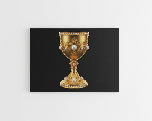 Golden Holy Grail chalice canvas wall art print with pearl embellishments on black background flat lay on white background - Portugal Canvas Co