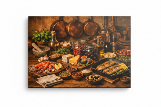Mediterranean seafood and fish still life canvas print flat lay on white background nearly filling the frame - Portugal Canvas Co