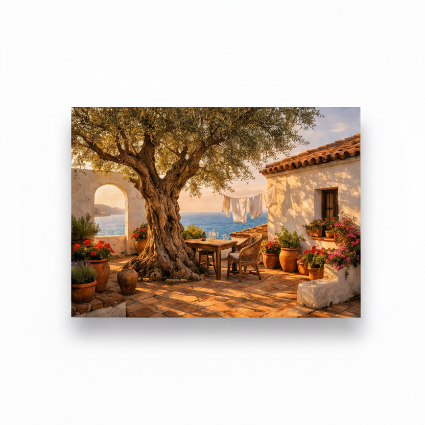 Mediterranean courtyard with olive tree canvas wall art on white background - Portugal Canvas Co