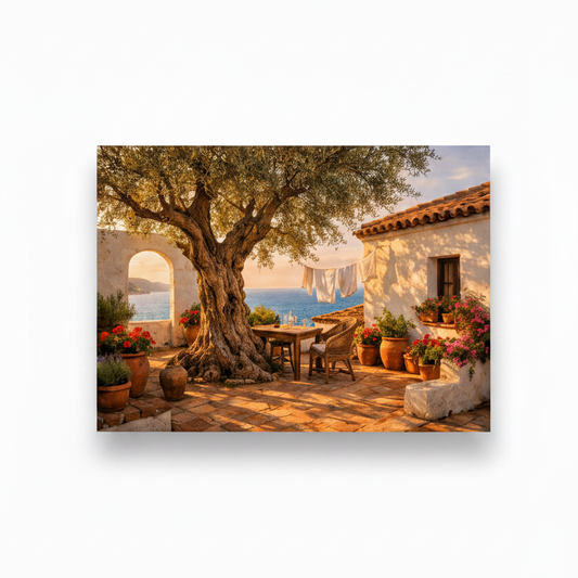 Mediterranean courtyard with olive tree canvas wall art on white background - Portugal Canvas Co