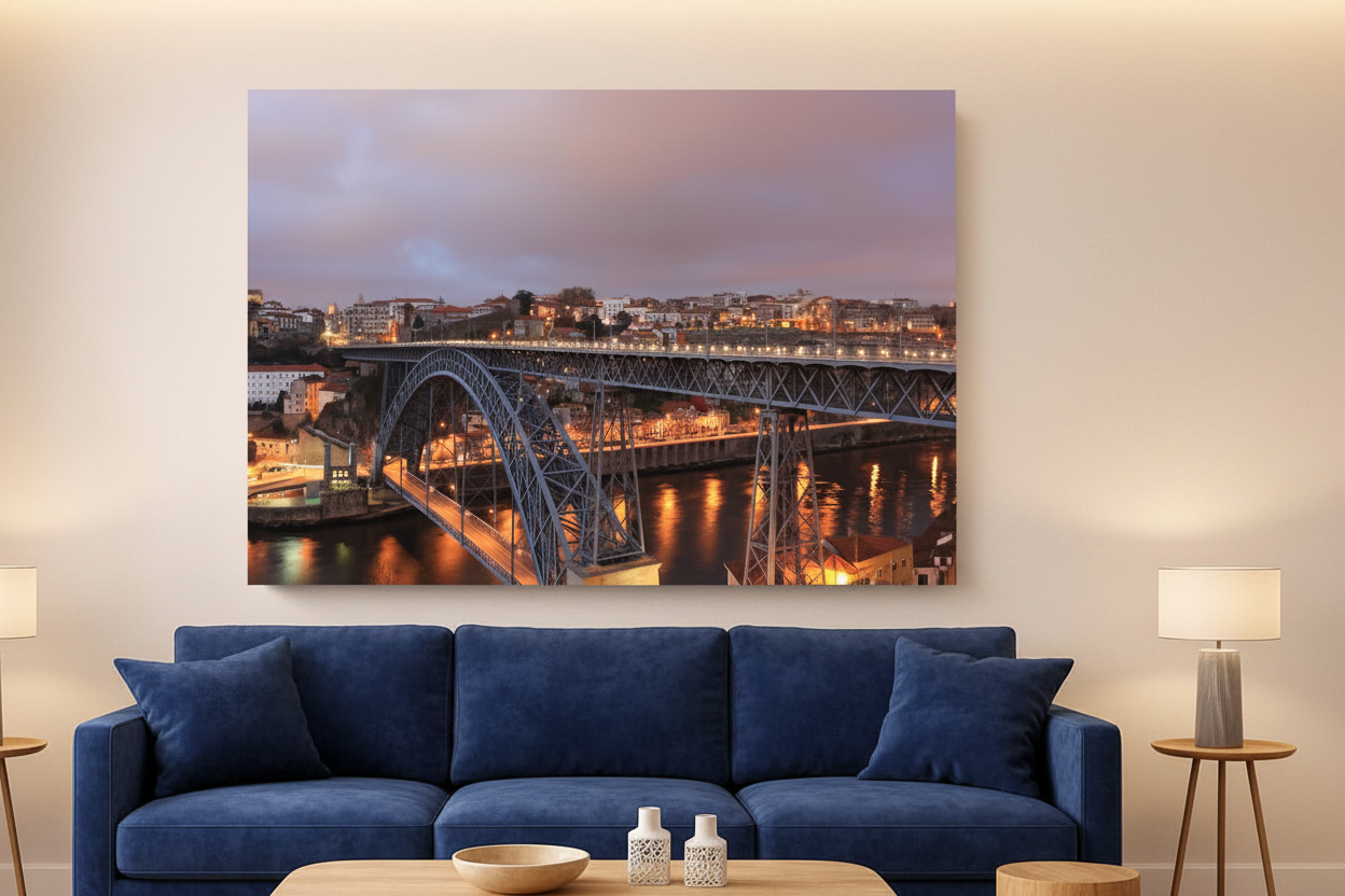 Porto Dom Luis I bridge night canvas wall art displayed in a luxury hotel suite living area - Portugal Canvas Co