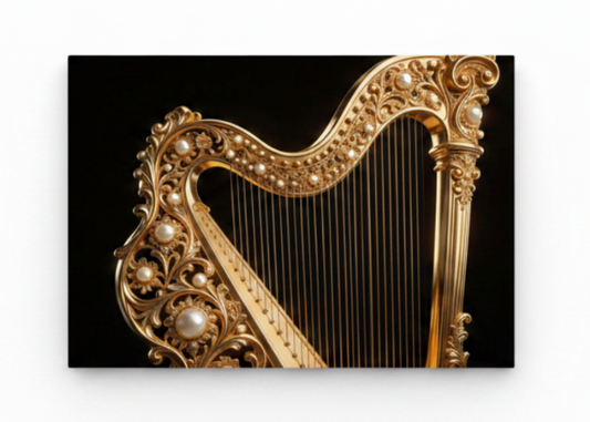 Divine golden baroque harp canvas wall art floating on white background with ornate filigree and pearl embellishments on black - Portugal Canvas Co