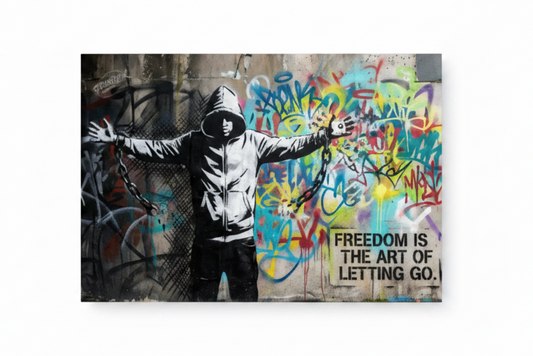 Freedom Is The Art Of Letting Go graffiti street art canvas print with hooded figure and chains, flat lay on white background - Portugal Canvas Co
