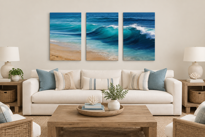 Ocean Wave three-panel canvas above an ivory sofa in a softly lit coastal living room - Portugal Canvas Co