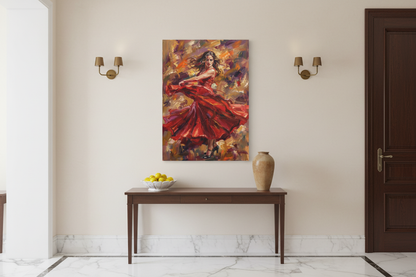 Flamenco dancer in a flowing red dress vibrant canvas wall art in a grand entryway above a console table - Portugal Canvas Co
