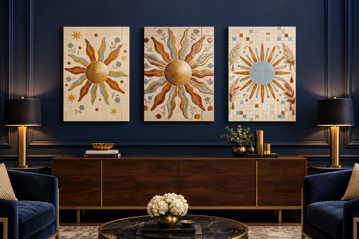 Boho sun mosaic triptych canvas set in a navy lounge with brass lamps - Portugal Canvas Co