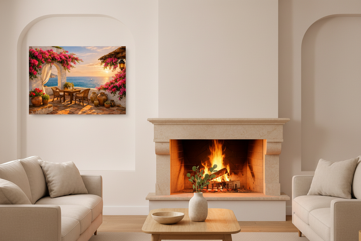 Seaside terrace with bougainvillea and ceramic jugs canvas wall art hung in a recessed alcove beside a stone fireplace in an elegant living room - Portugal Canvas Co